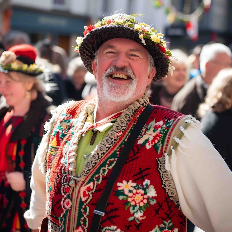 St. David's Day parade with people dressed in traditional Welsh costumes, Cultural celebration, Festive atmosphere, Welsh pride, Vibrant and festive, Person in traditional clothing.